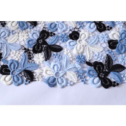 Embroidered Beau Blue Guipure lace - Embroidered French Guipure lace in shades of blue