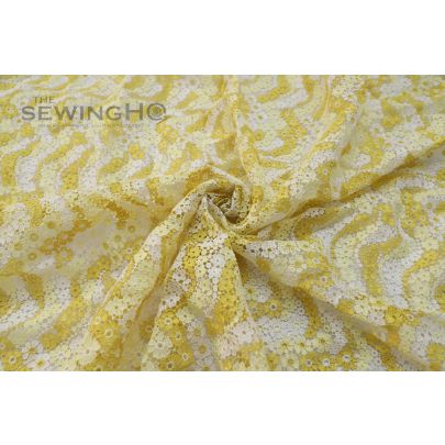 Yellow Guipure Lace - flowers all over are connected in a way that creates a unique construction