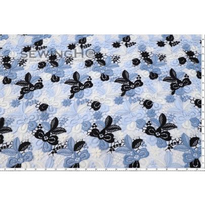 Embroidered Beau Blue Guipure lace - Embroidered French Guipure lace in shades of blue