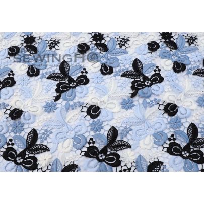 Embroidered Beau Blue Guipure lace - Embroidered French Guipure lace in shades of blue