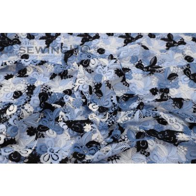 Embroidered Beau Blue Guipure lace - Embroidered French Guipure lace in shades of blue