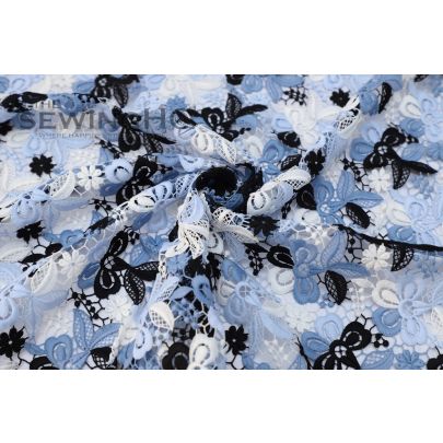 Embroidered Beau Blue Guipure lace - Embroidered French Guipure lace in shades of blue