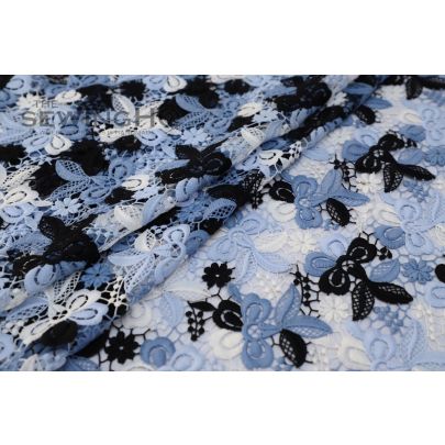 Embroidered Beau Blue Guipure lace - Embroidered French Guipure lace in shades of blue