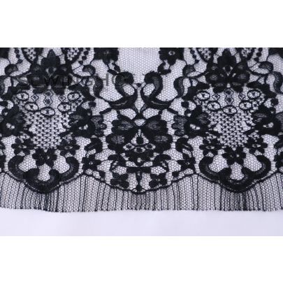 Black Floral Motifs Chantilly Lace - black French Chantilly lace from the renowned Riechers Marescot