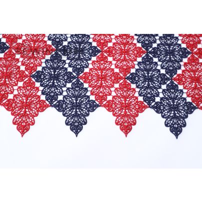 Red and Navy Guipure lace - mesmerizing allure with this Red and Navy French Guipure lace.