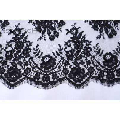 Floral Motifs Black Chantilly Lace - lightweight French lace with a floral motif