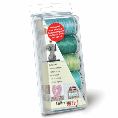 Gutermann Cotton No.12 Thread Set  5 x 200m - Aqua Green & Blue