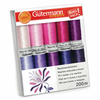 Gutermann Rayon 40: Ebroidery Thread Set 10 x 200m - Pink & Purple