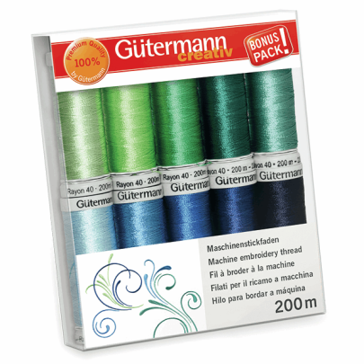 Gutermann Rayon 40: Ebroidery Thread Set 10 x 200m - Green & Blue