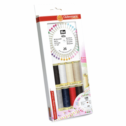 Gutermann Sew-All Thread Set: 8 x 100m Incl. 40 Pearl-Headed Pins - Assorted Colours