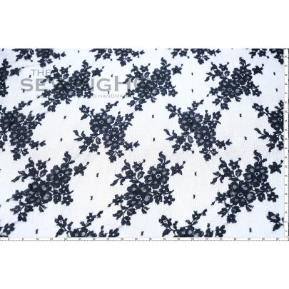 Black Floral Motifs Chantilly Lace - black French Chantilly lace from the renowned Riechers Marescot