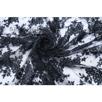 Black Floral Motifs Chantilly Lace - black French Chantilly lace from the renowned Riechers Marescot