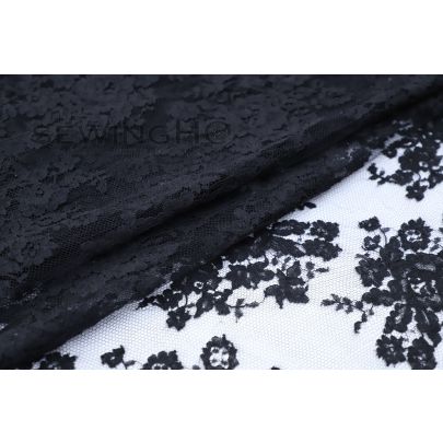 Black Floral Motifs Chantilly Lace - black French Chantilly lace from the renowned Riechers Marescot