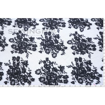 Floral Motifs Black Chantilly Lace - lightweight French lace with a floral motif