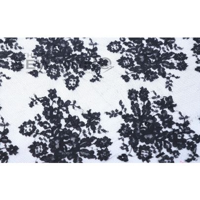Floral Motifs Black Chantilly Lace - lightweight French lace with a floral motif