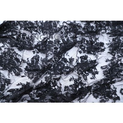 Floral Motifs Black Chantilly Lace - lightweight French lace with a floral motif