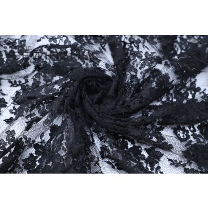 Floral Motifs Black Chantilly Lace - lightweight French lace with a floral motif