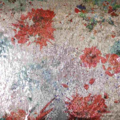 100% Polyester Mesh with Silver Poppy Flowers Sequin Embellishments