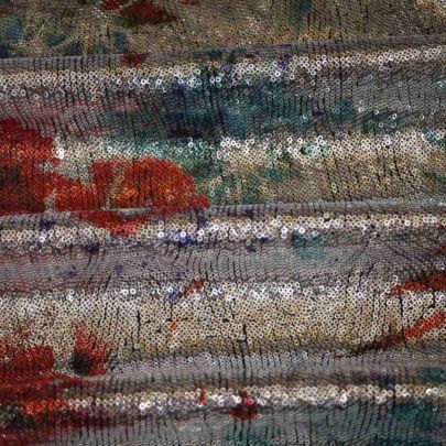 100% Polyester Mesh with Silver Poppy Flowers Sequin Embellishments