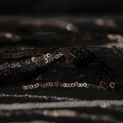 100% Polyester Mesh with Sequin Balck/Silver Floral Embellishments