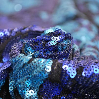 100% Polyester Mesh with Sequin Dark Blue/ Silver Floral Embellishments