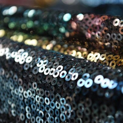 100% Polyester Mesh with Sequin Blue/ Silver Floral Embellishments