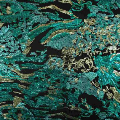 100% Polyester Mesh with Sequin Light Blue/ Silver Floral Embellishments