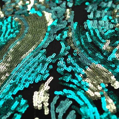 100% Polyester Mesh with Sequin Light Blue/ Silver Floral Embellishments