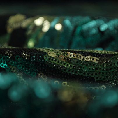 100% Polyester Mesh with Sequin Light Blue/ Silver Floral Embellishments