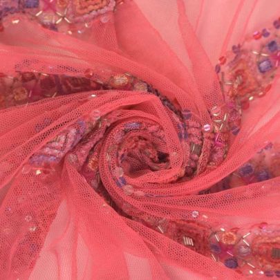 100% Polyamide Embellished Net Pink Fabric (Remnant-70cmx100cm) 