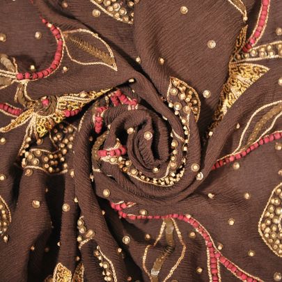 Polyester Chiffon Embroidered Sequin Floral in Brown (45x 120cm) 