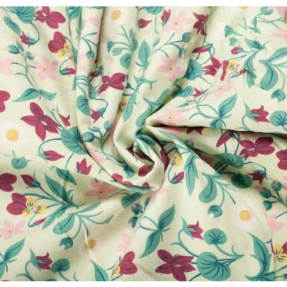 Liberty Art Fabric - Green Flowers Cotton Elastane Fabric (Sold as 1.4 x 1.3 metre piece)